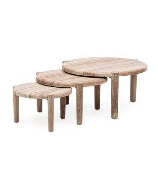 GOMMAIRE Outdoor Meubels | Organic Living Juego de 3 mesas de centro de pie | Teca reciclada gris natural