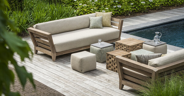 GOMMAIRE Outdoor | Organic Living Sofa Mia, 3-Sitzer | Teakholz, Naturgrau