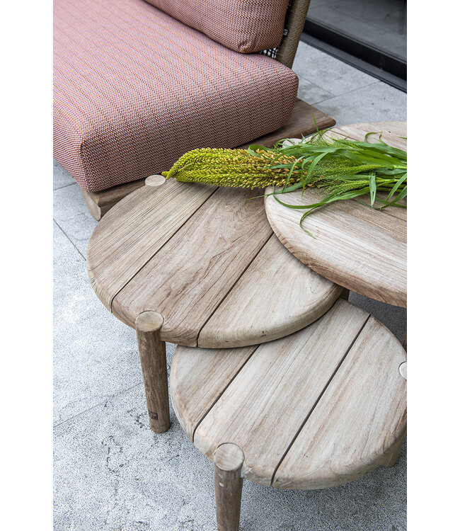 GOMMAIRE Outdoor Meubels | Organic Living Juego de 3 mesas de centro de pie | Teca reciclada gris natural