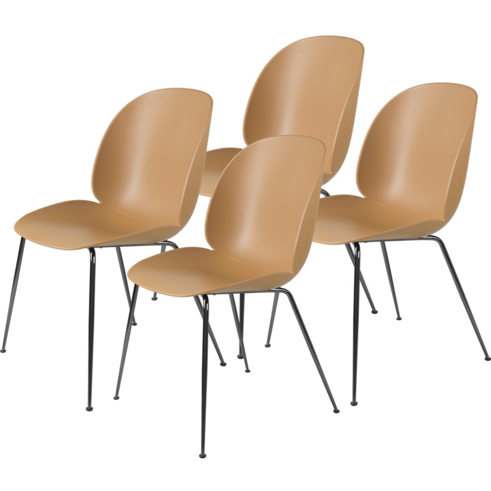 Gubi Beetle Dining Chair | Un-Upholstered Amber Brown & Black Chrome Base, Set van 4