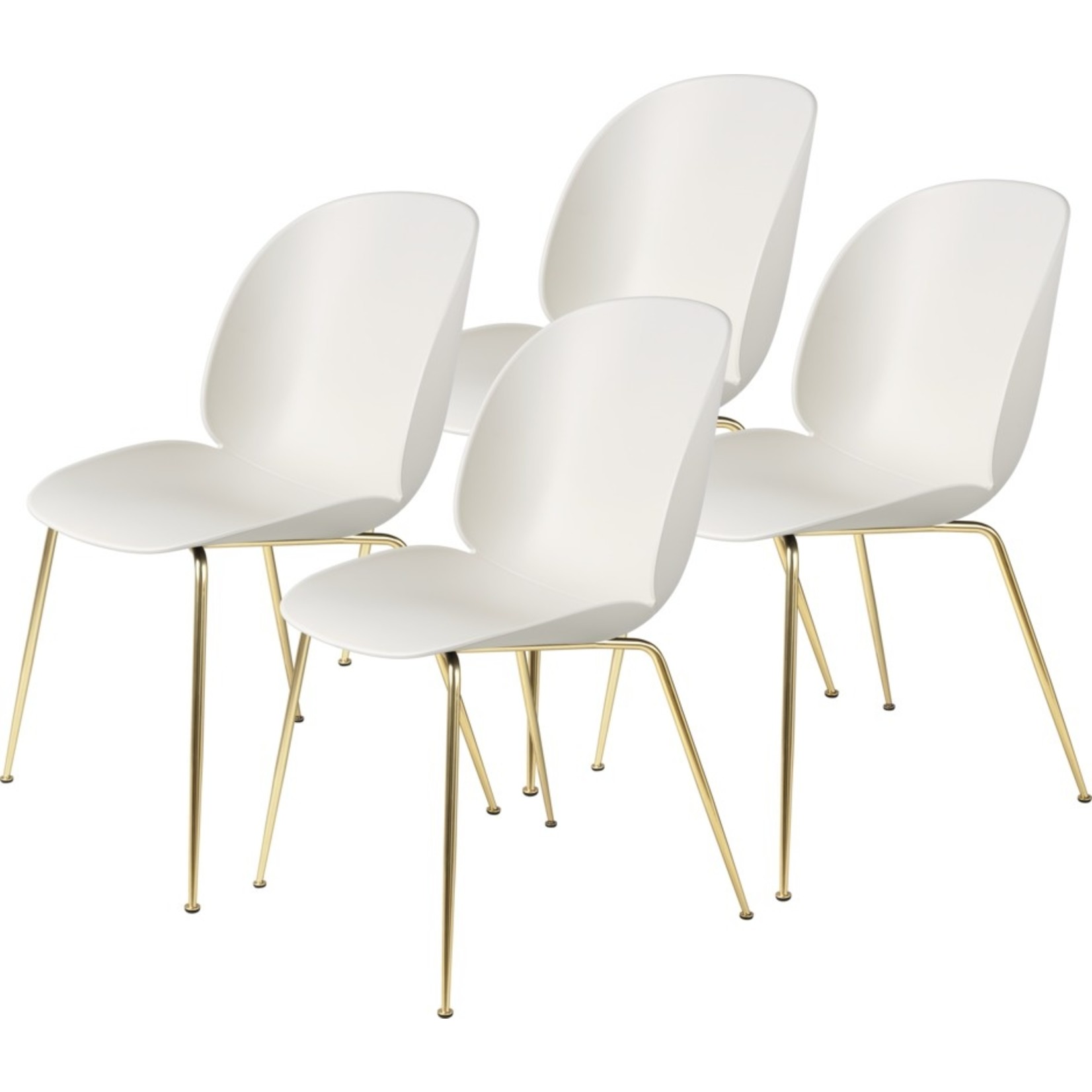 Gubi Beetle Dining Chair | Un-Upholstered Alabaster White & Brass Semi Matt Base, Set van 4