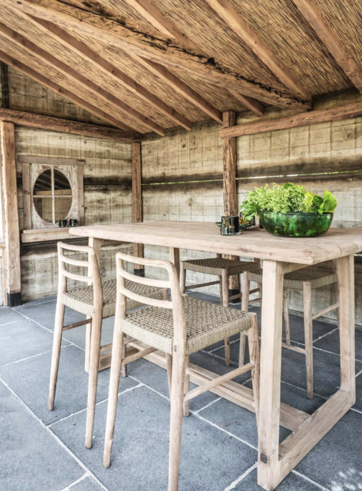 GOMMAIRE Outdoor | Organic Living Sgabello da bar Jared | Teak Grigio Naturale / Vimini PE Antique Weed
