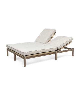GOMMAIRE Outdoor Meubels | Organic Living Bain de soleil double Mieke avec roulettes | Teck gris naturel et résine tressée sable