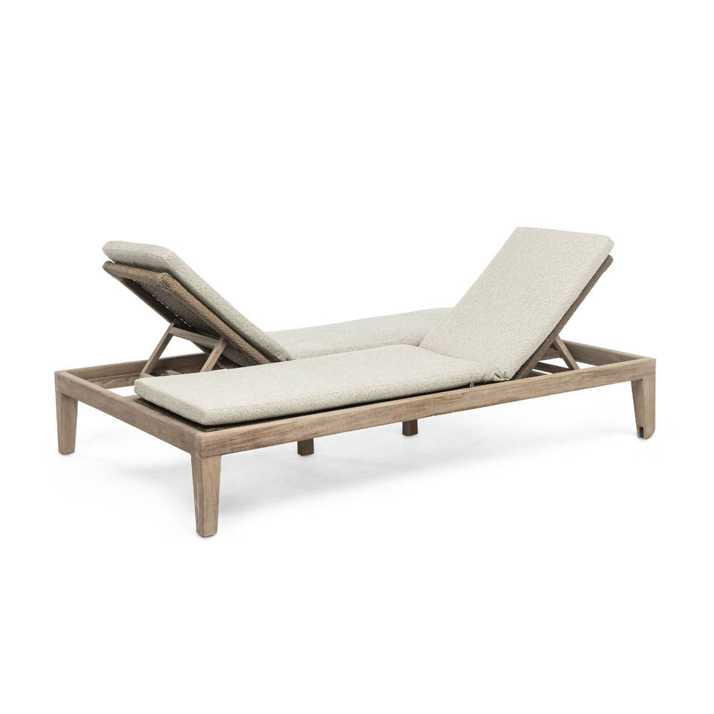 GOMMAIRE Outdoor | Organic Living Doppelliege Lisa inkl. Rollen | Teak Naturgrau / PE-Geflecht Antikgrün