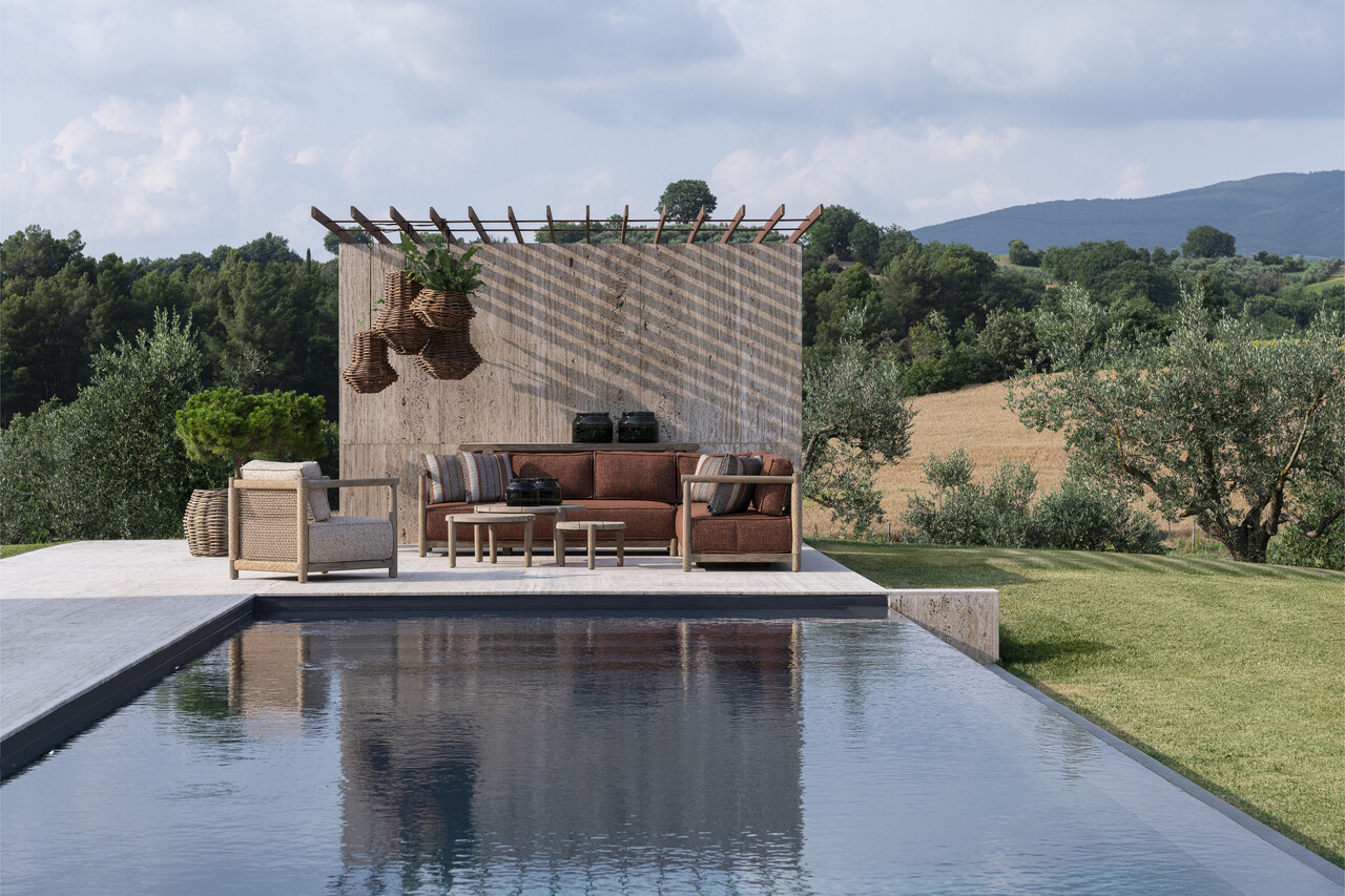GOMMAIRE Outdoor | Organic Living Sofa L Shape Mieke | Teak Natural Gray / PE Wicker Sand