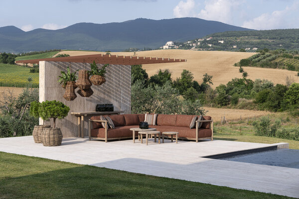GOMMAIRE Outdoor | Organic Living Canapé en forme de L Mieke | Teck Gris Naturel / Osier PE Sable