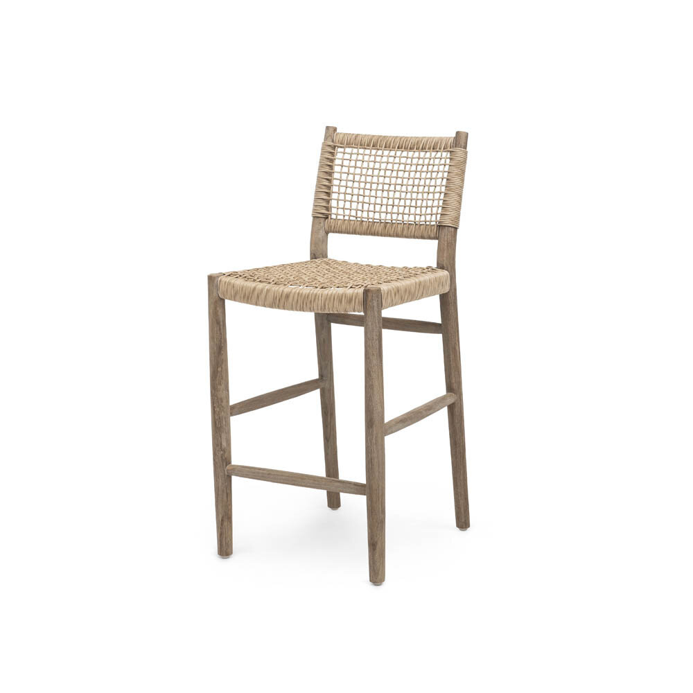 GOMMAIRE Outdoor | Organic Living Sgabello da bar Mieke | Teak grigio naturale / Vimini PE color sabbia