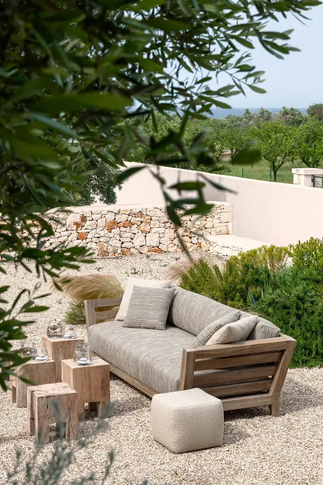 GOMMAIRE Outdoor | Organic Living Sofa Mia, 3-Sitzer | Teakholz, Naturgrau