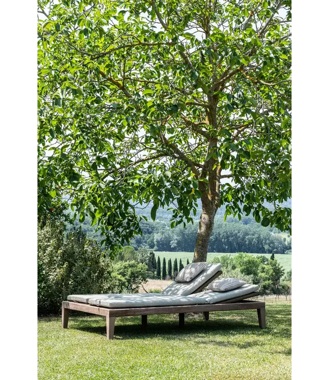 GOMMAIRE Outdoor Meubels | Organic Living Tumbona doble Lisa con ruedas | Teca gris natural / Mimbre sintético color verde hierba antiguo