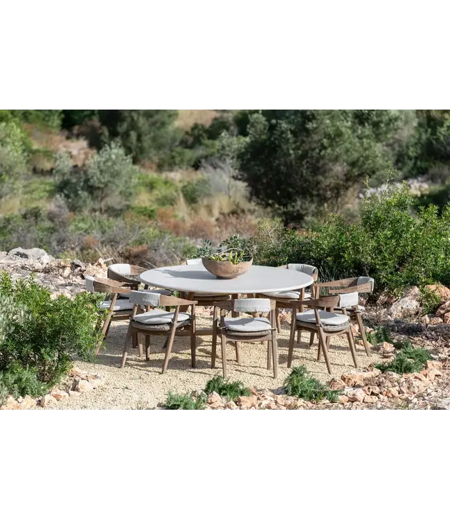 GOMMAIRE Outdoor Meubels | Organic Living Table ronde Faye XL | Teck gris naturel / Plateau en béton