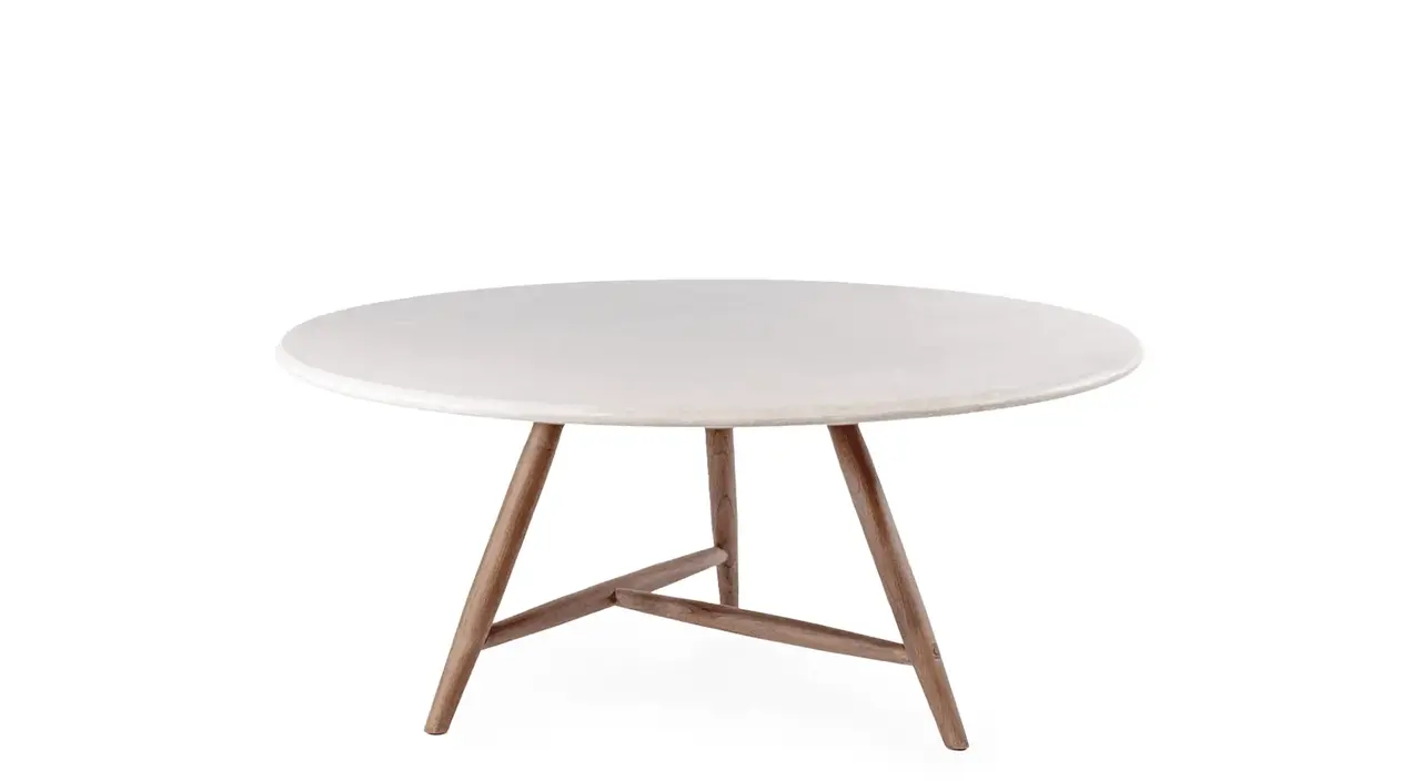 GOMMAIRE - Organic Living - Design Furniture Niedriger runder Esstisch Faye XL | Teakholz, gebeizt in Emas Brown / Betonplatte GOMMAIRE - Organic Living - Design Furniture Niedriger runder Esstisch Faye XL | Teakholz, gebeizt in Emas Brown / Betonplatte