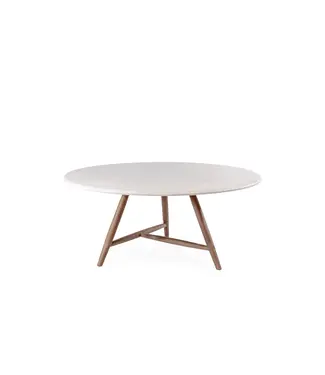 GOMMAIRE Outdoor Meubels | Organic Living Low Dining Round Table Faye XL | Teak Woodstain Emas Brown / Conrete Top