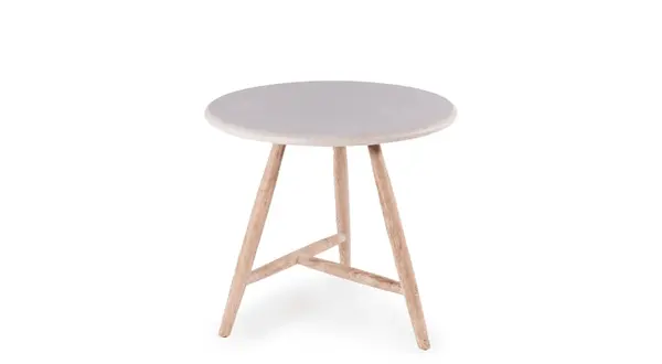 GOMMAIRE - Organic Living - Design Furniture Mesa de comedor baja redonda de bistró Faye | Teca gris natural / Superficie de hormigón GOMMAIRE - Organic Living - Design Furniture Mesa de comedor baja redonda de bistró Faye | Teca gris natural / Superficie de hormigón