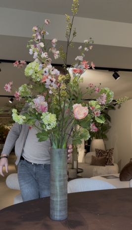 SILK-KA Kunstig blomsterbukett - frisk grønn / myk rosa