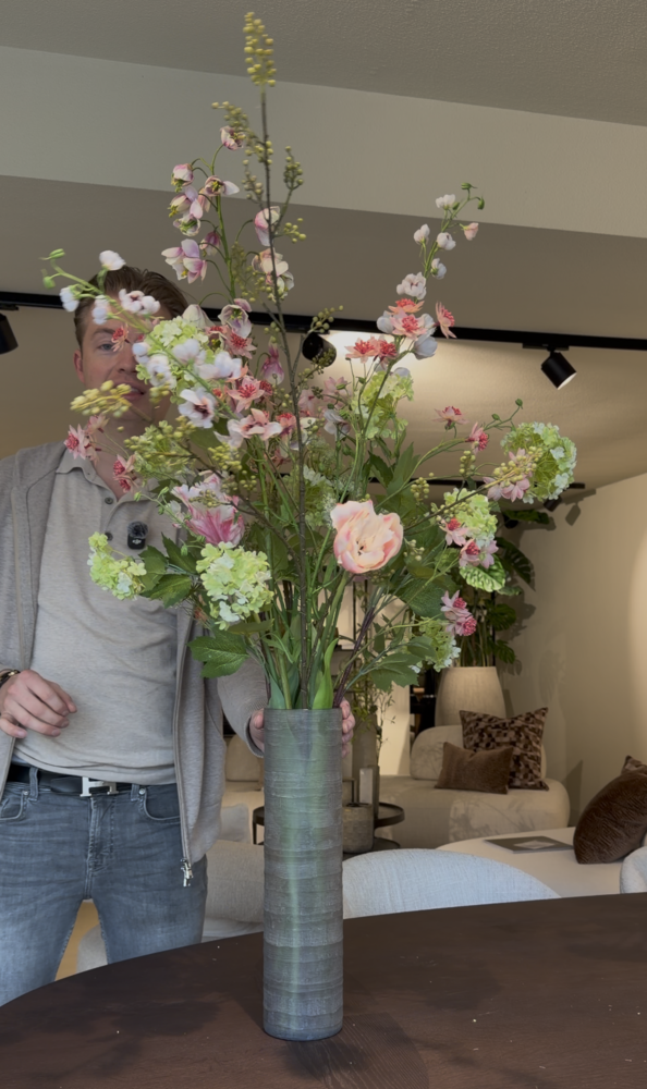 SILK-KA Kunstig blomsterbukett - frisk grønn / myk rosa