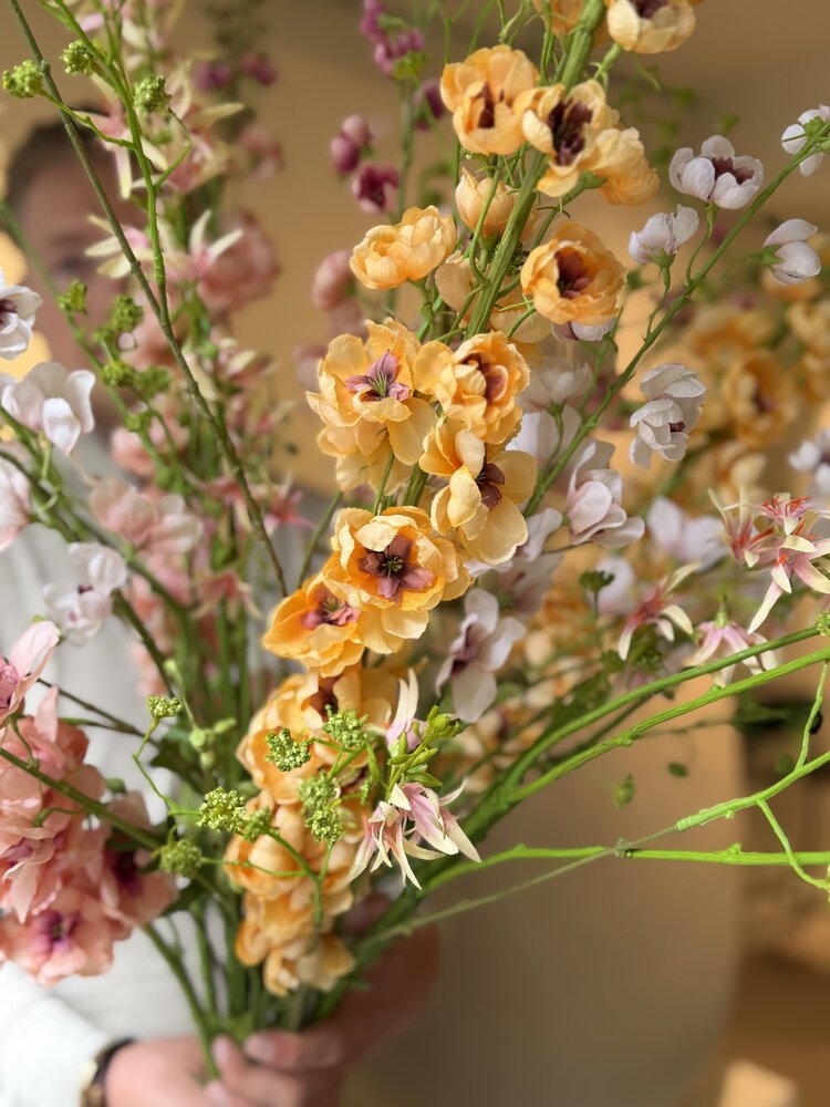 SILK-KA Artificial flower bouquet "Royal Delphinium Peach" Large