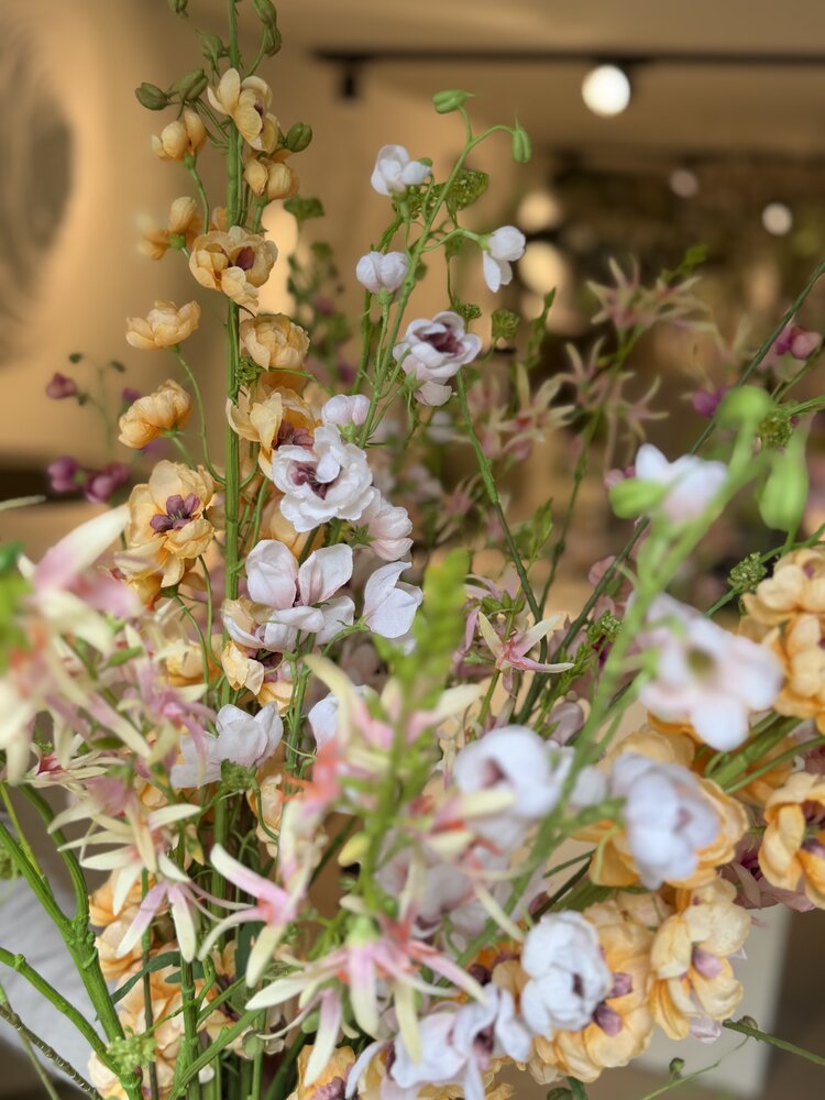 SILK-KA Artificial flower bouquet "Royal Delphinium Peach" Large