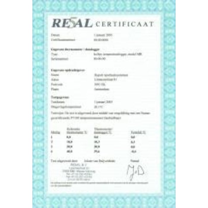 2-point calibration report for refrigerator +2°C and +8°C