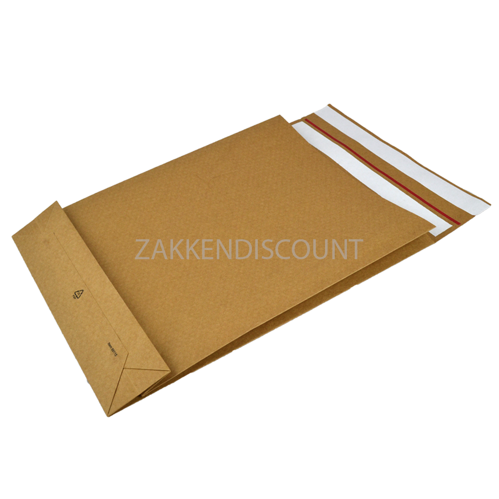 E-Green Verzendzakken 350 + 80 x 450 mm met blokbodem en retourstrip uit 126 grams bruin kraft - pakje van 200 stuks