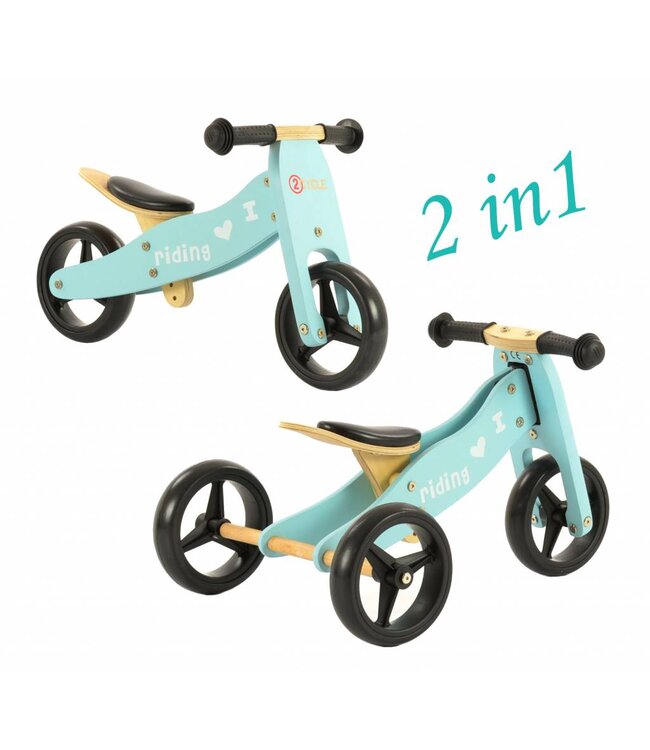 2Cycle 2 in 1 Loopfiets/Driewieler - Hout - Jongens en Meisjes - 1 Jaar - Speelgoed  - Turquoise