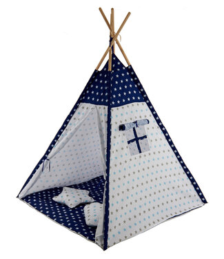 Sajan Speeltent - Tipi Tent - Met Grondkleed & Kussens - Speelhuisje - Tent voor kinderen - Blauw-Wit
