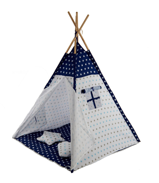 Speeltent - Tipi Tent - Met Grondkleed & Kussens - Speelhuisje - Tent voor kinderen - Blauw-Wit