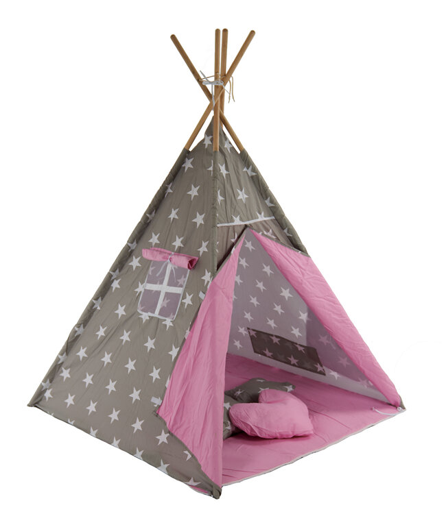 Speeltent - Tipi Tent - Met Grondkleed & Kussens - Speelhuisje - Tent voor kinderen - Grijs-Roze
