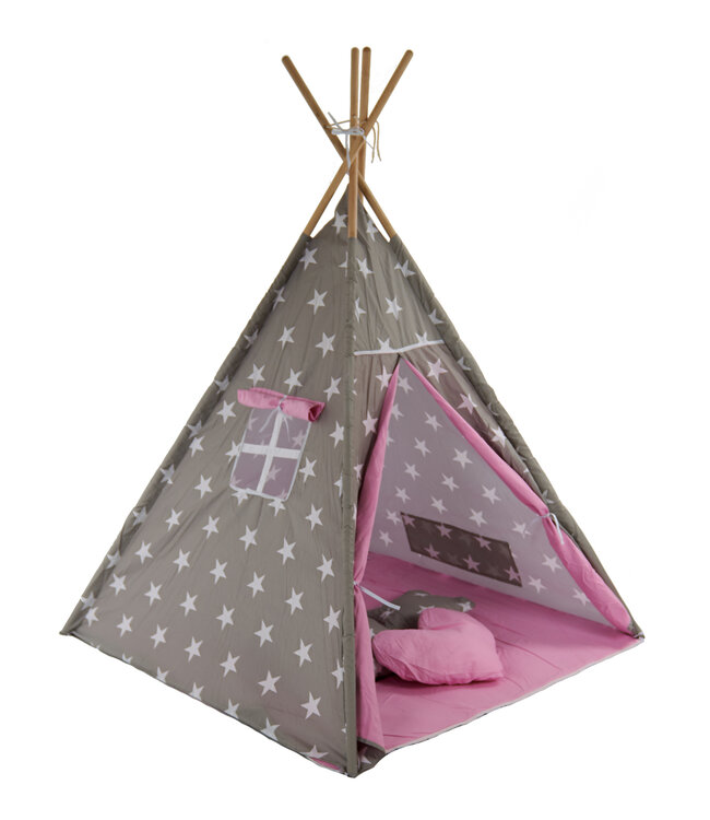 Speeltent - Tipi Tent - Met Grondkleed & Kussens - Speelhuisje - Tent voor kinderen - Grijs-Roze