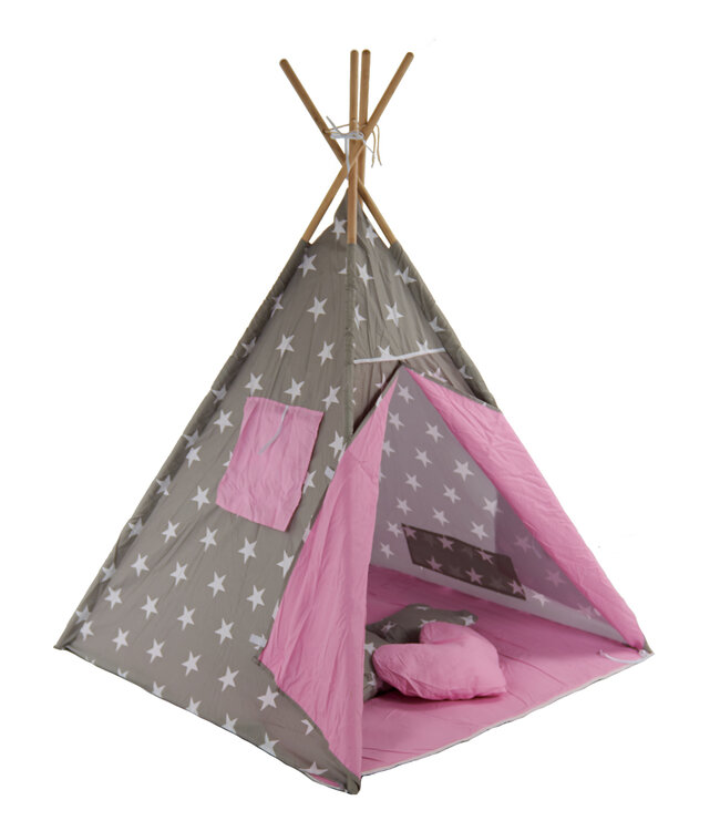 Speeltent - Tipi Tent - Met Grondkleed & Kussens - Speelhuisje - Tent voor kinderen - Grijs-Roze