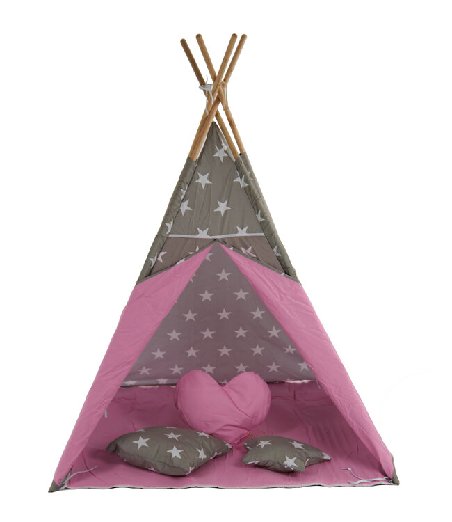 Speeltent - Tipi Tent - Met Grondkleed & Kussens - Speelhuisje - Tent voor kinderen - Grijs-Roze