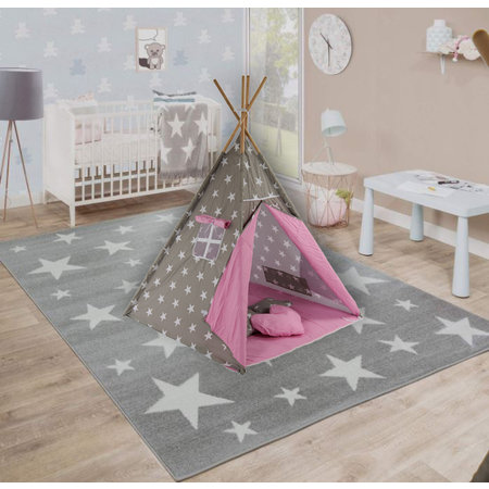 Sajan Speeltent - Tipi Tent - Met Grondkleed & Kussens - Speelhuisje - Tent voor kinderen - Grijs-Roze