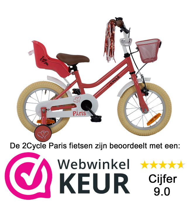 2Cycle Paris kinderfiets 14 inch (3 tot 5 jaar) voor meisjes roze-wit