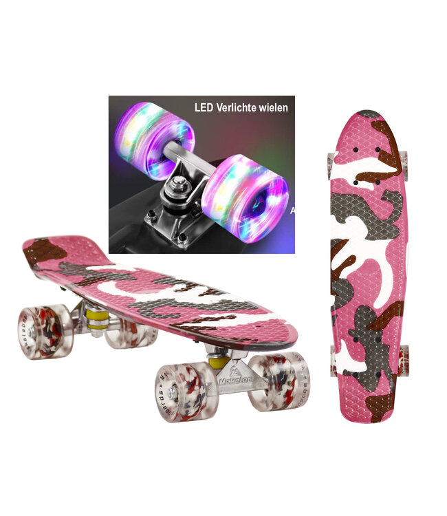 Sajan - Skateboard - LED - Penny board - Camouflage Roze - 22.5 inch - 56cm - Skateboard met Verlichting