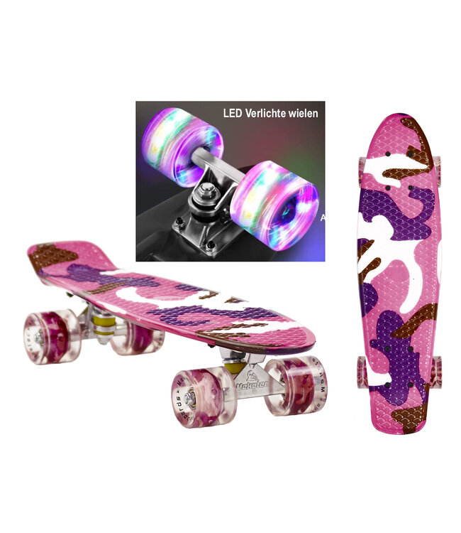 Sajan - Skateboard - LED - Penny board - Camouflage Paars - 22.5 inch - 56cm - Skateboard met Verlichting