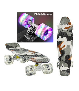 Sajan Sajan - Skateboard - LED - Penny board - Camouflage Grijs - 22.5 inch - 56cm - Skateboard met Verlichting