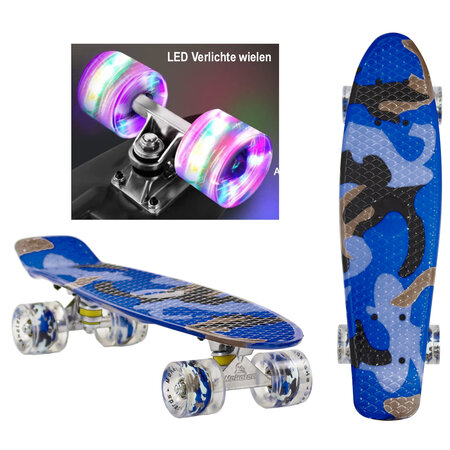 Sajan Sajan - Skateboard - LED - Penny board - Camouflage Blauw - 22.5 inch - 56cm - Skateboard met Verlichting