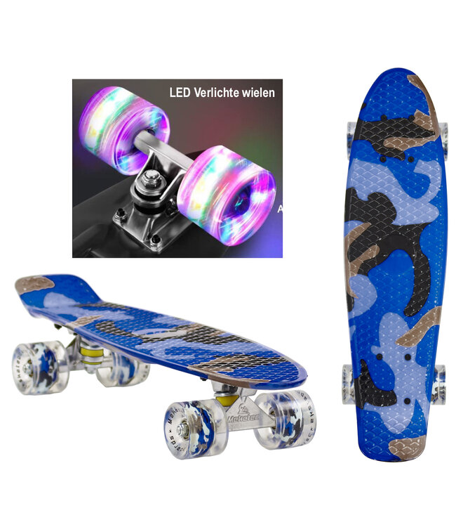 Sajan - Skateboard - LED - Penny board - Camouflage Blauw - 22.5 inch - 56cm - Skateboard met Verlichting