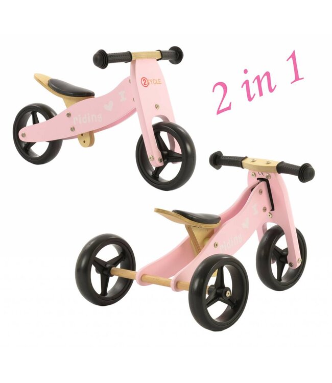 2Cycle 2 in 1 Loopfiets - Driewieler - Hout - 1 Jaar - Roze - Balance bike