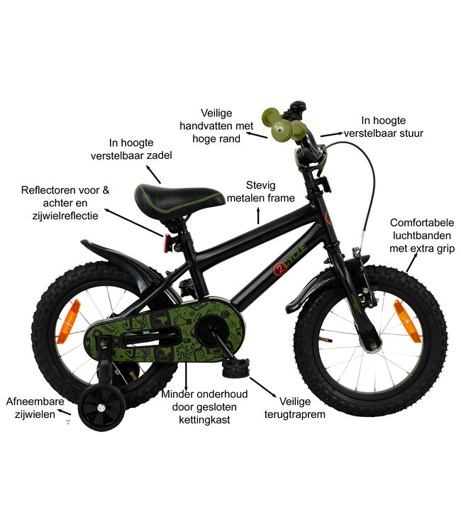 2Cycle BMX kinderfiets 14 inch (3 tot 5 jaar) voor jongens zwart-groen