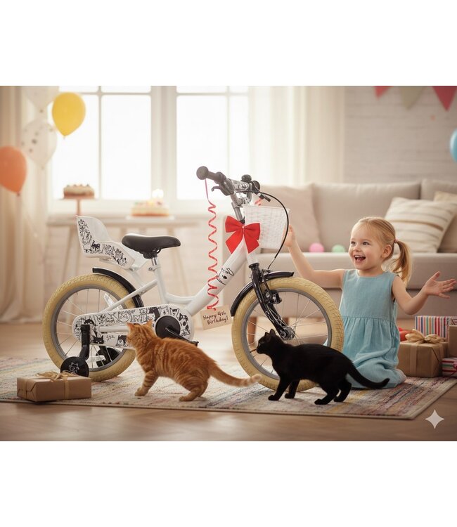 2Cycle Cat kinderfiets 16 inch (4 tot 6 jaar) voor meisjes zwart-wit
