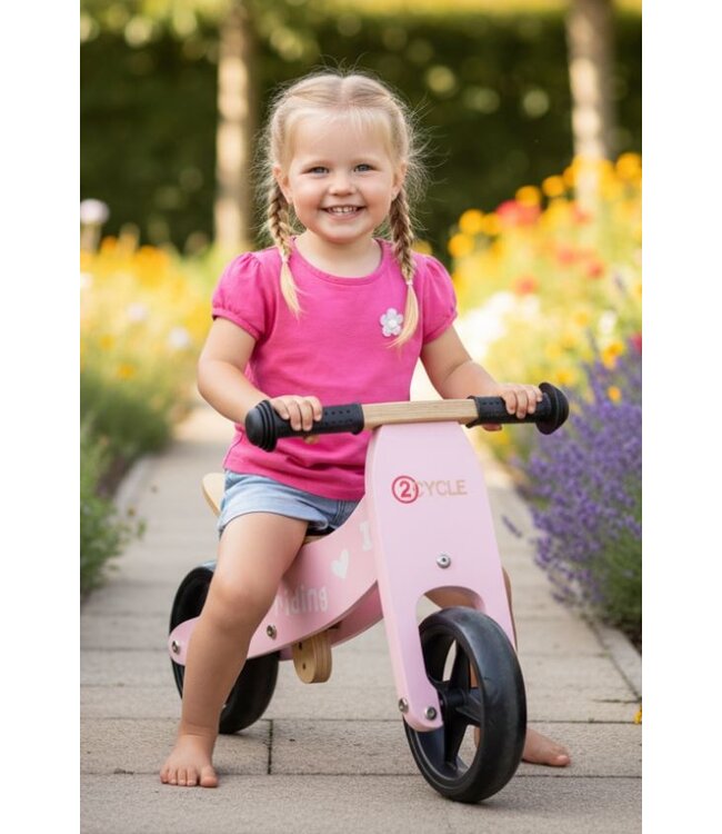 2Cycle 2 in 1 Loopfiets - Driewieler - Hout - 1 Jaar - Roze - Balance bike