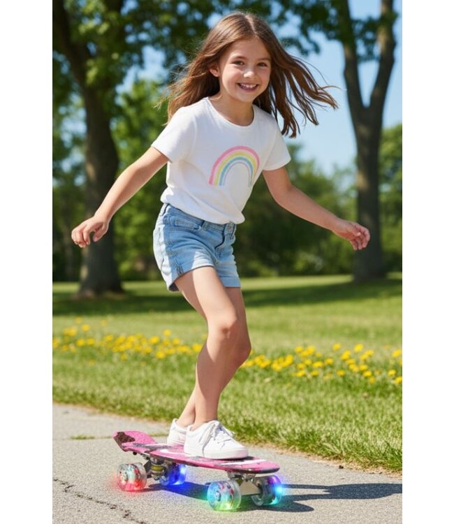 Sajan - Skateboard - LED - Penny board - Camouflage Roze - 22.5 inch - 56cm - Skateboard met Verlichting