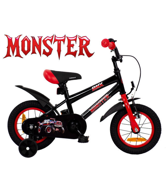 2Cycle Monster kinderfiets 12 inch (2 tot 4 jaar) voor jongens zwart
