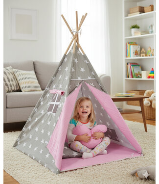 Sajan Speeltent - Tipi Tent - Met Grondkleed & Kussens - Speelhuisje - Tent voor kinderen - Grijs-Roze