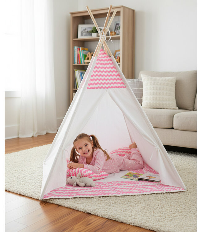 Speeltent - Tipi Tent - Met Grondkleed & Kussens - Speelhuisje - Tent voor kinderen - Roze