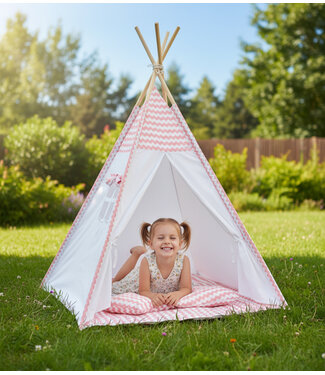 Sajan Speeltent - Tipi Tent - Met Grondkleed & Kussens - Speelhuisje - Tent voor kinderen - Roze-Wit