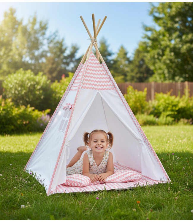 Speeltent - Tipi Tent - Met Grondkleed & Kussens - Speelhuisje - Tent voor kinderen - Roze-Wit