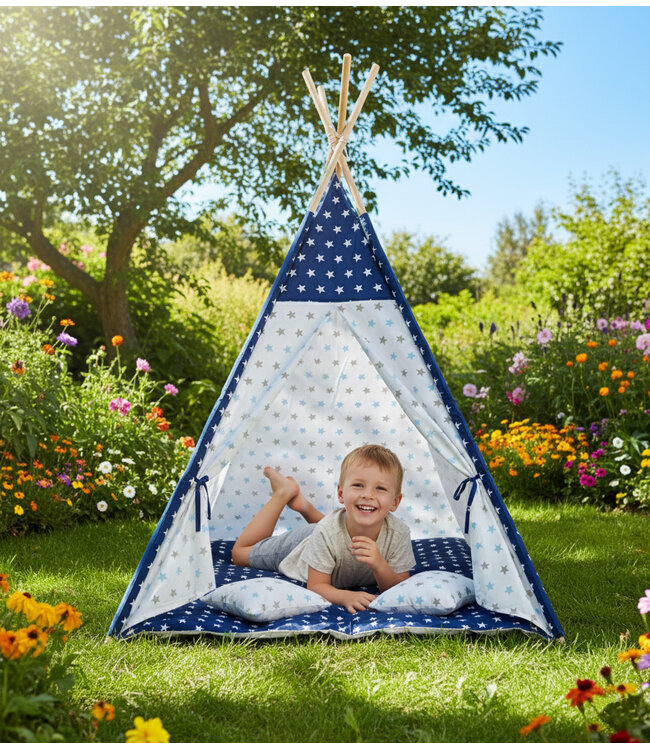 Speeltent - Tipi Tent - Met Grondkleed & Kussens - Speelhuisje - Tent voor kinderen - Blauw-Wit