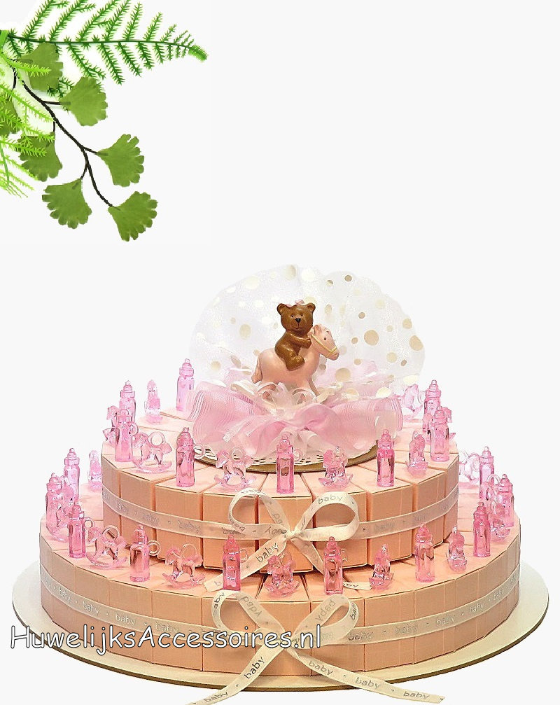 Bedankjes taart met roze babyflesjes en schommel paardjes