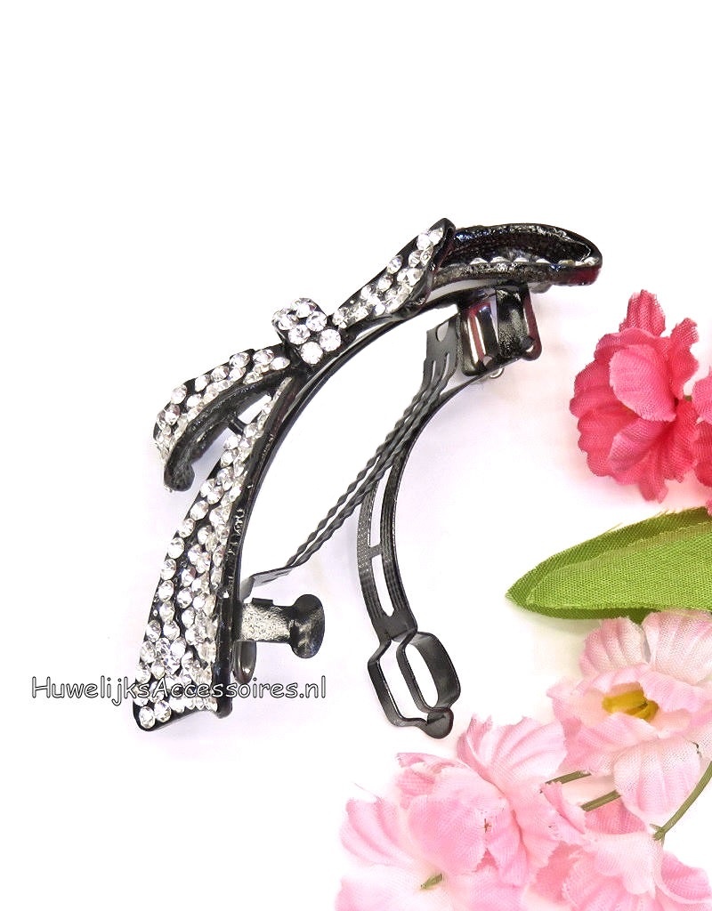 Zwarte strik met strass stenen patentspeld